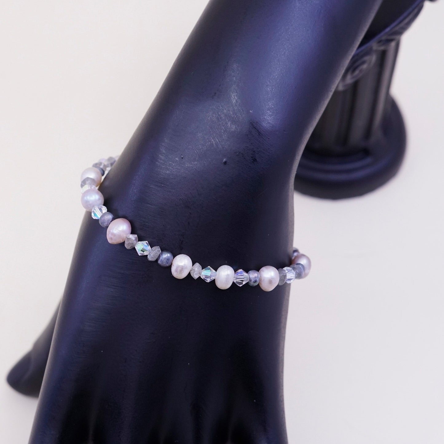 6.75”, vtg Sterling 925 silver handmade bracelet, pearl w/ crystal N heart