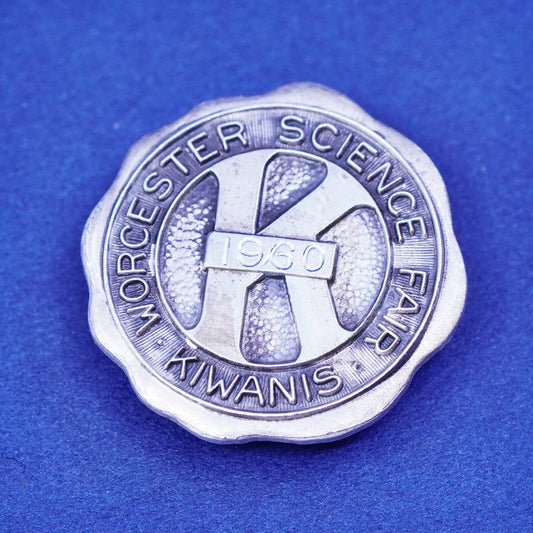 sterling silver handmade brooch, 925 worcester science fair pin initial K 1960