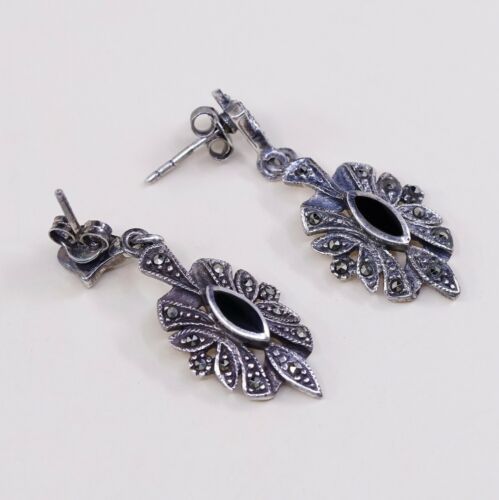 Vtg Sterling silver earrings w/ Obsidian Drop N Marcasite Details, 925