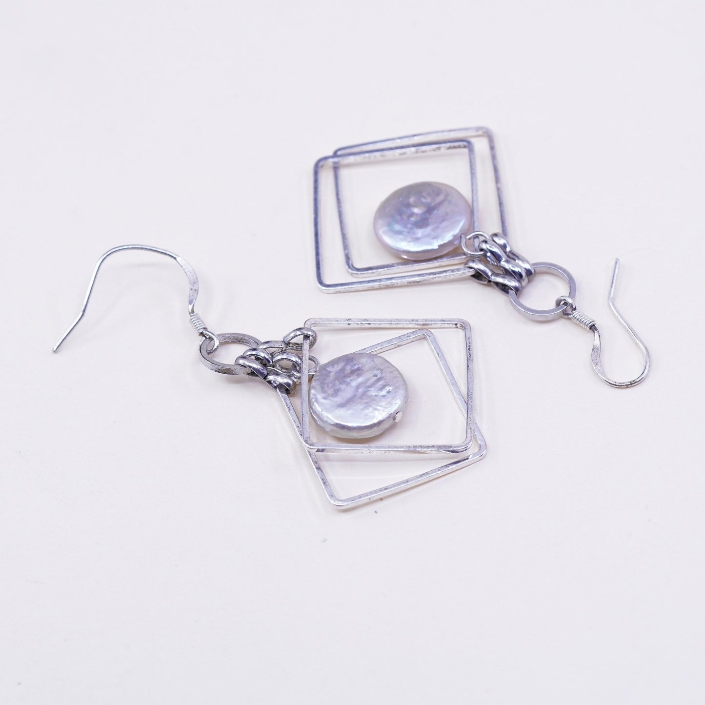 Vintage sterling silver handmade earrings, 925 square dangles with coin pearl