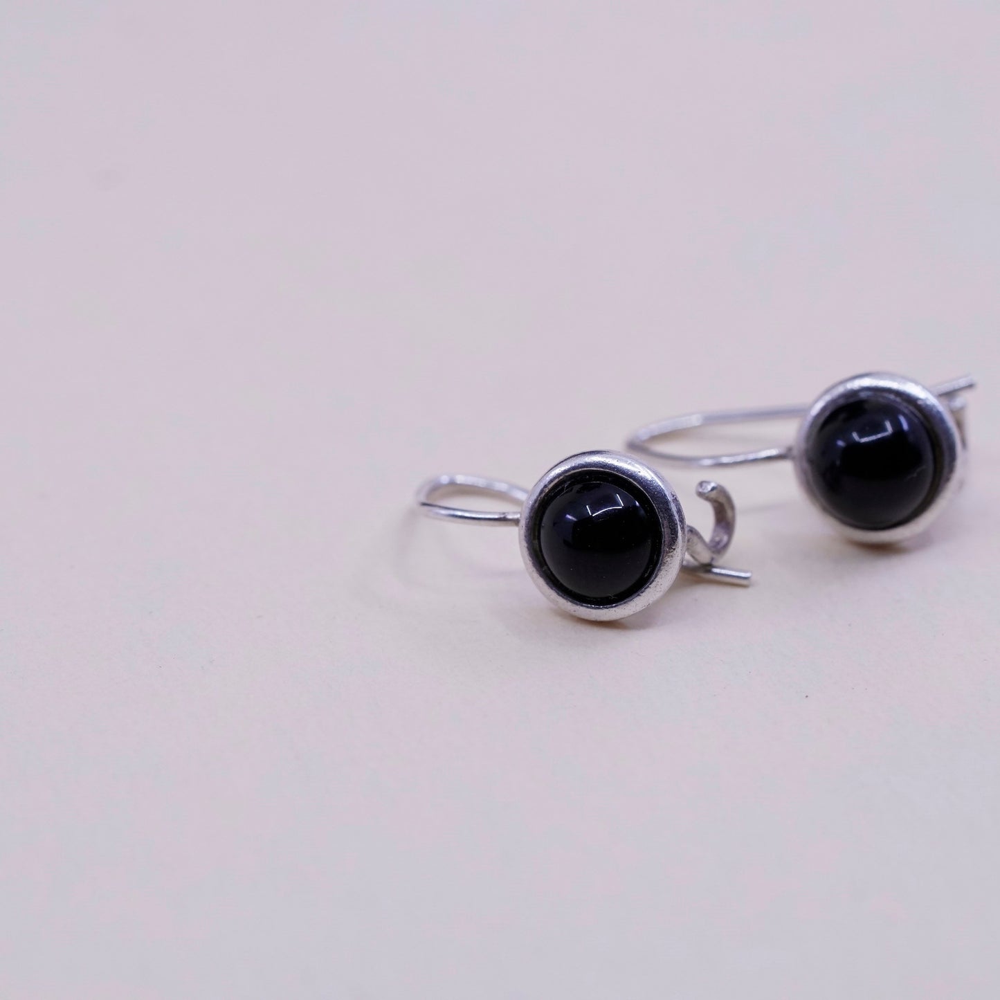 Vintage Sterling 925 silver handmade earrings with round obsidian drops