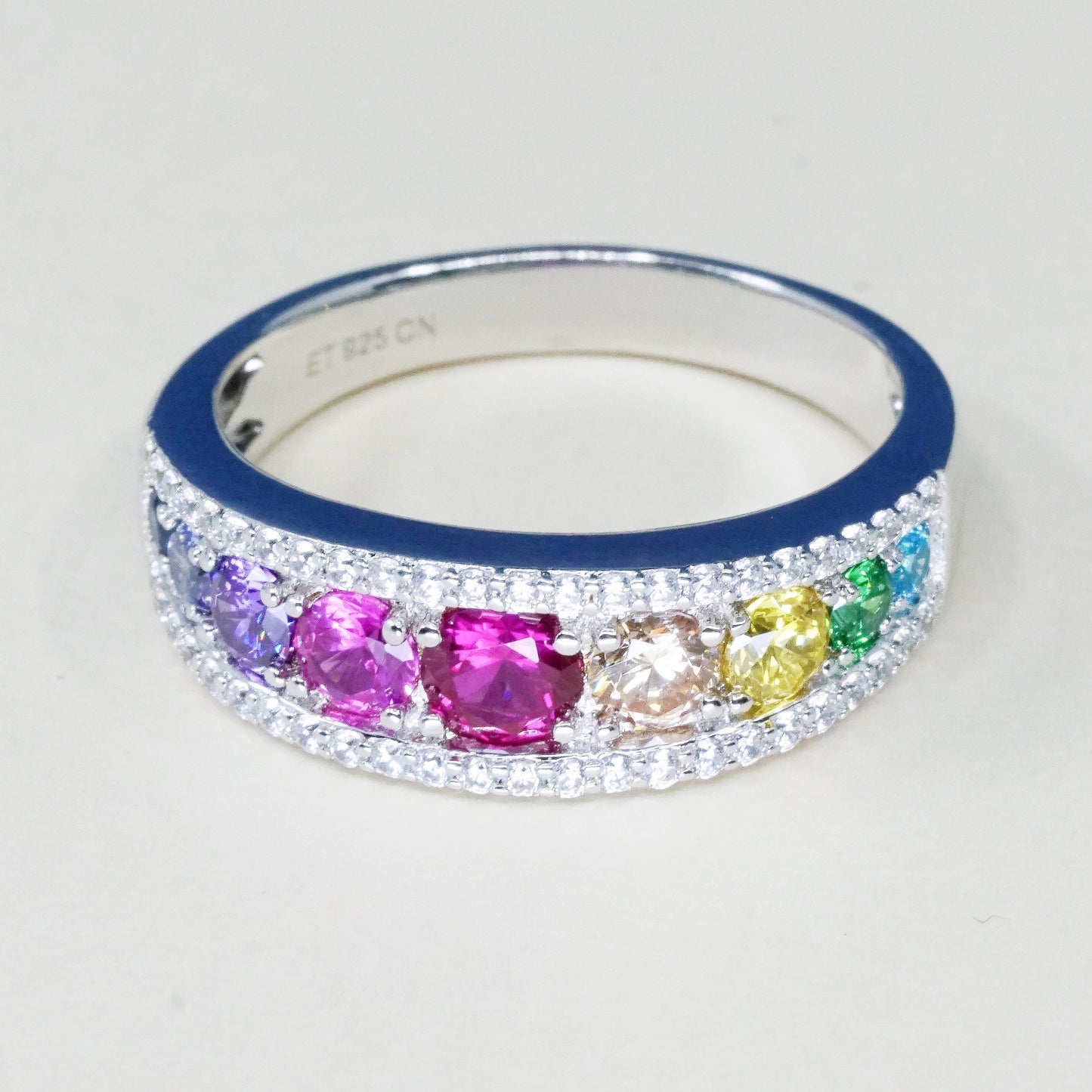 sz 9.25, vtg ET sterling silver handmade ring, 925 band w/ cluster colorful cz