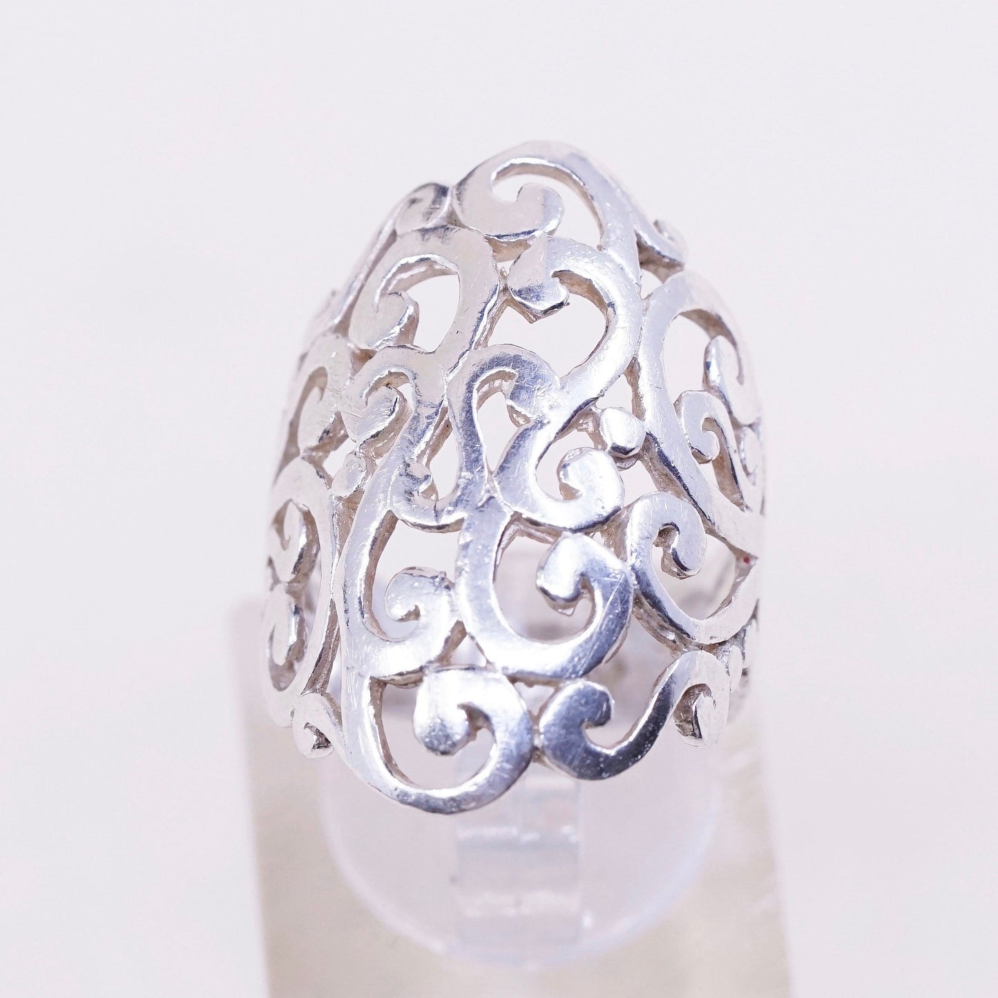 sz 5.5, vtg Sterling silver handmade ring, 925 wide band w/ Filigree swirl