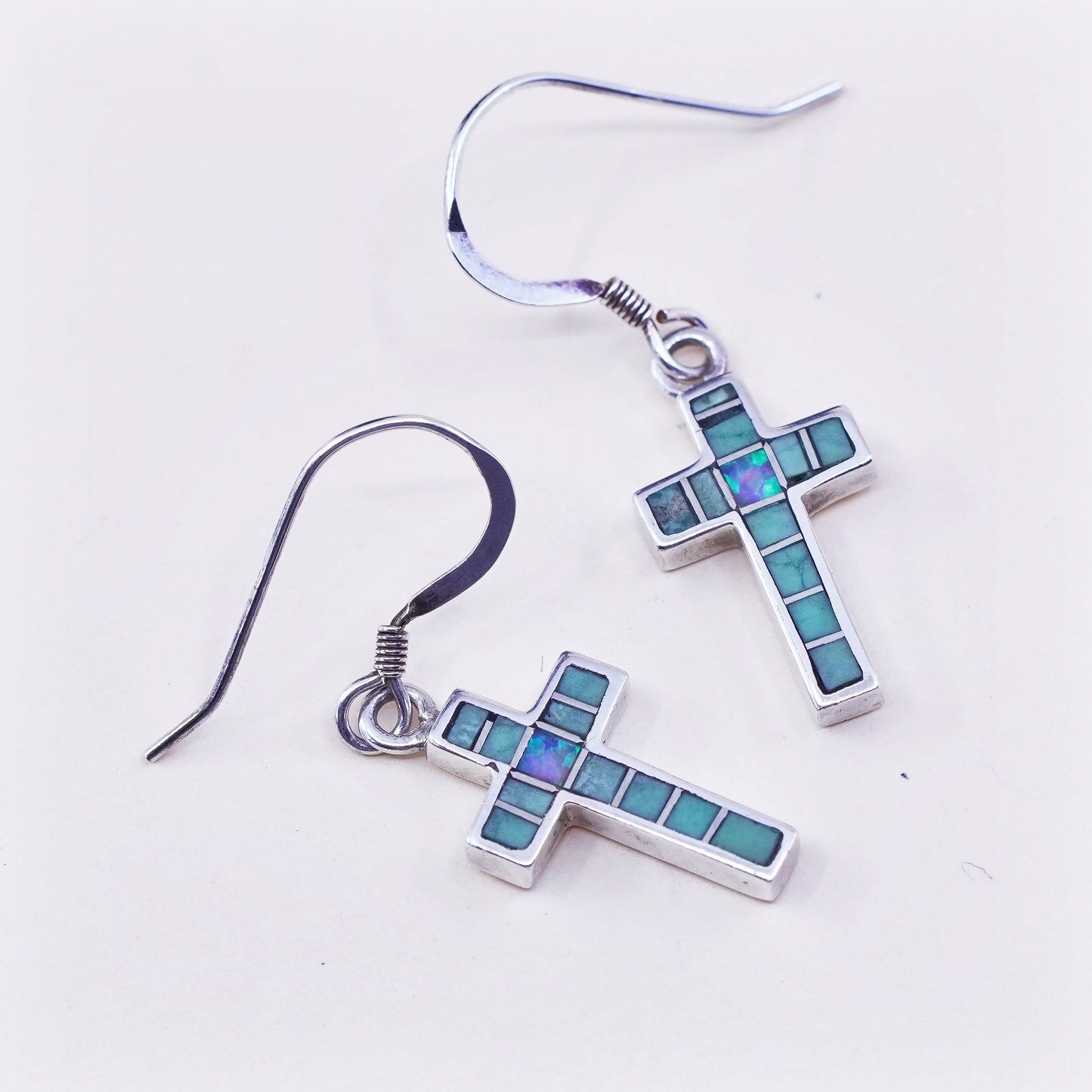 Native American zuni Sterling 925 silver earrings, cross w/ opal and turquoise