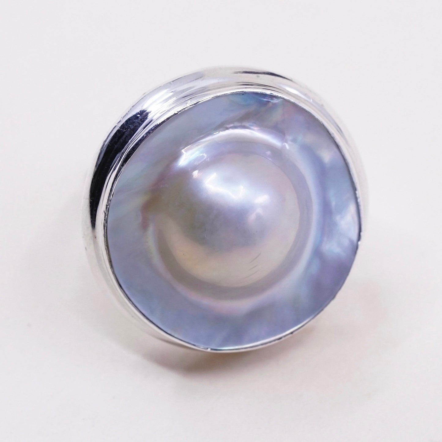 sz 7, vtg SLJ Sterling silver handmade ring, modern 925 band w/ bluster pearl