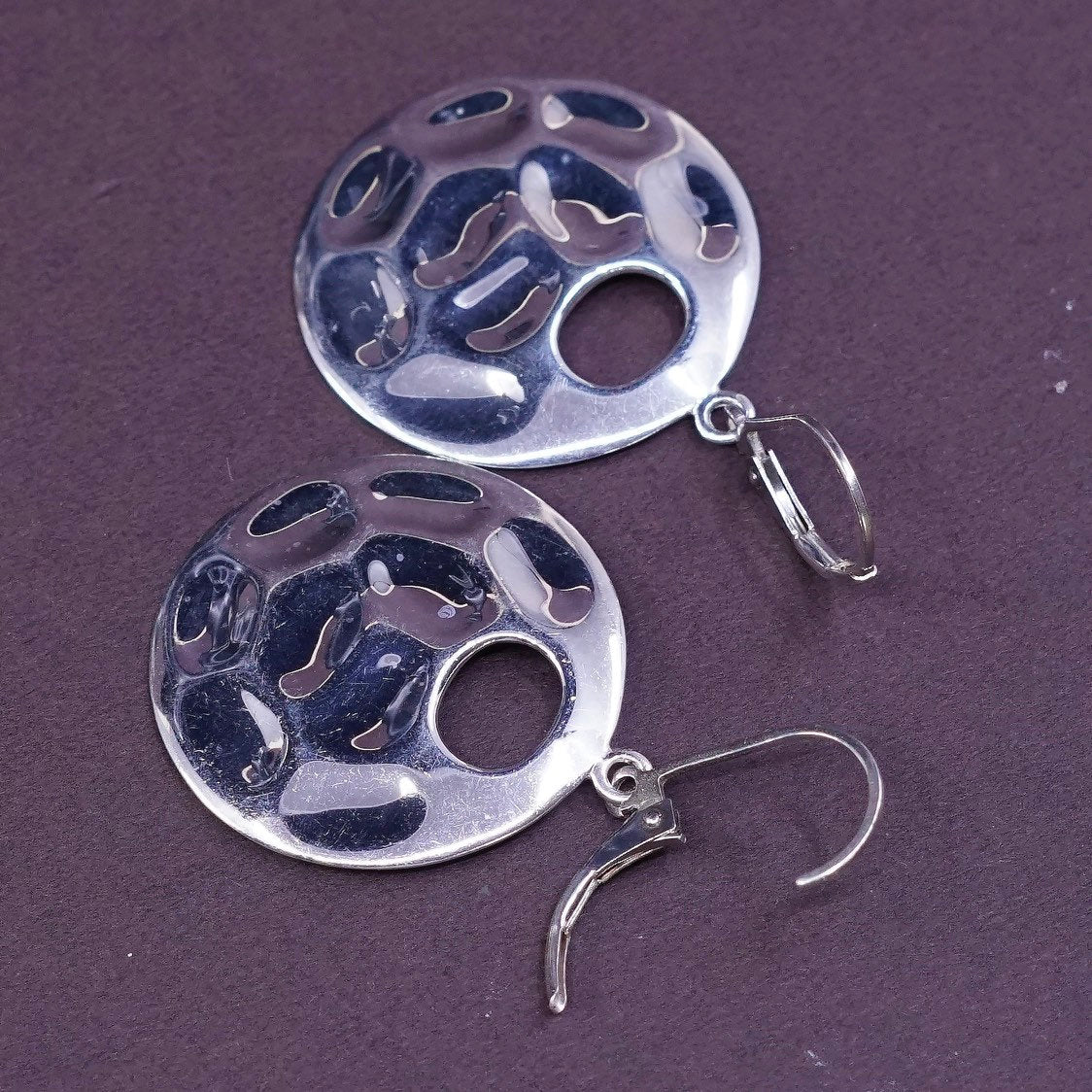 VTG Sterling silver handmade earrings, Thailand 925 with hammered disc drops