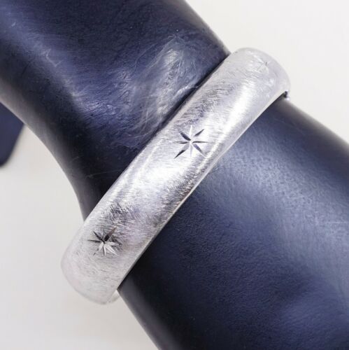 7.25”, Eton Hollow Sterling 925 Silver Hinged Bangle W/ Star Pattern N Matt Surf