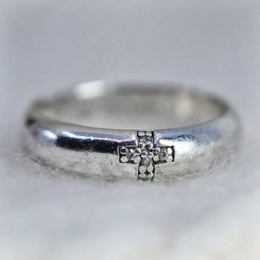 Size 7, Sterling silver ring, 925 diamond cross prayer band