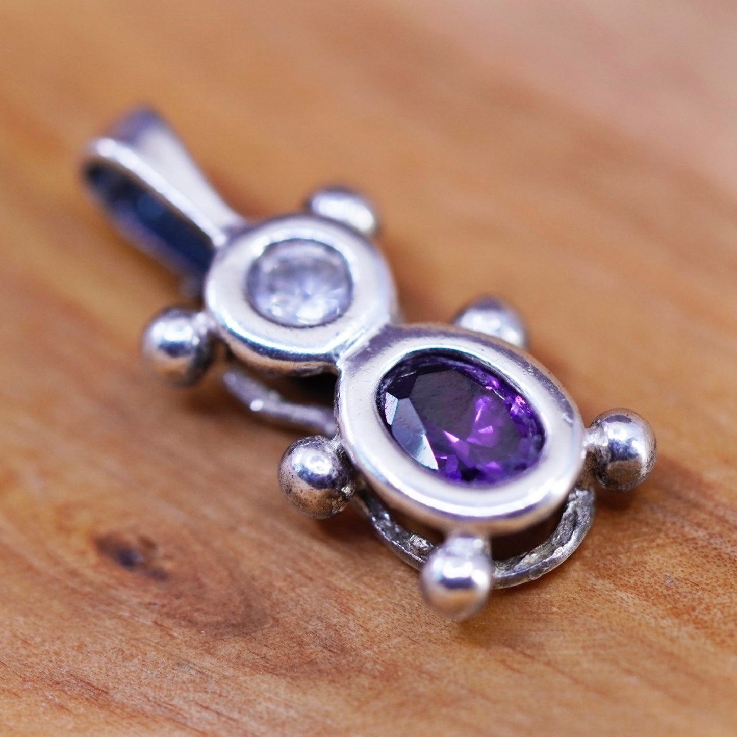 Vintage Sterling 925 silver handmade bear pendant charm w/ birthstone amethyst