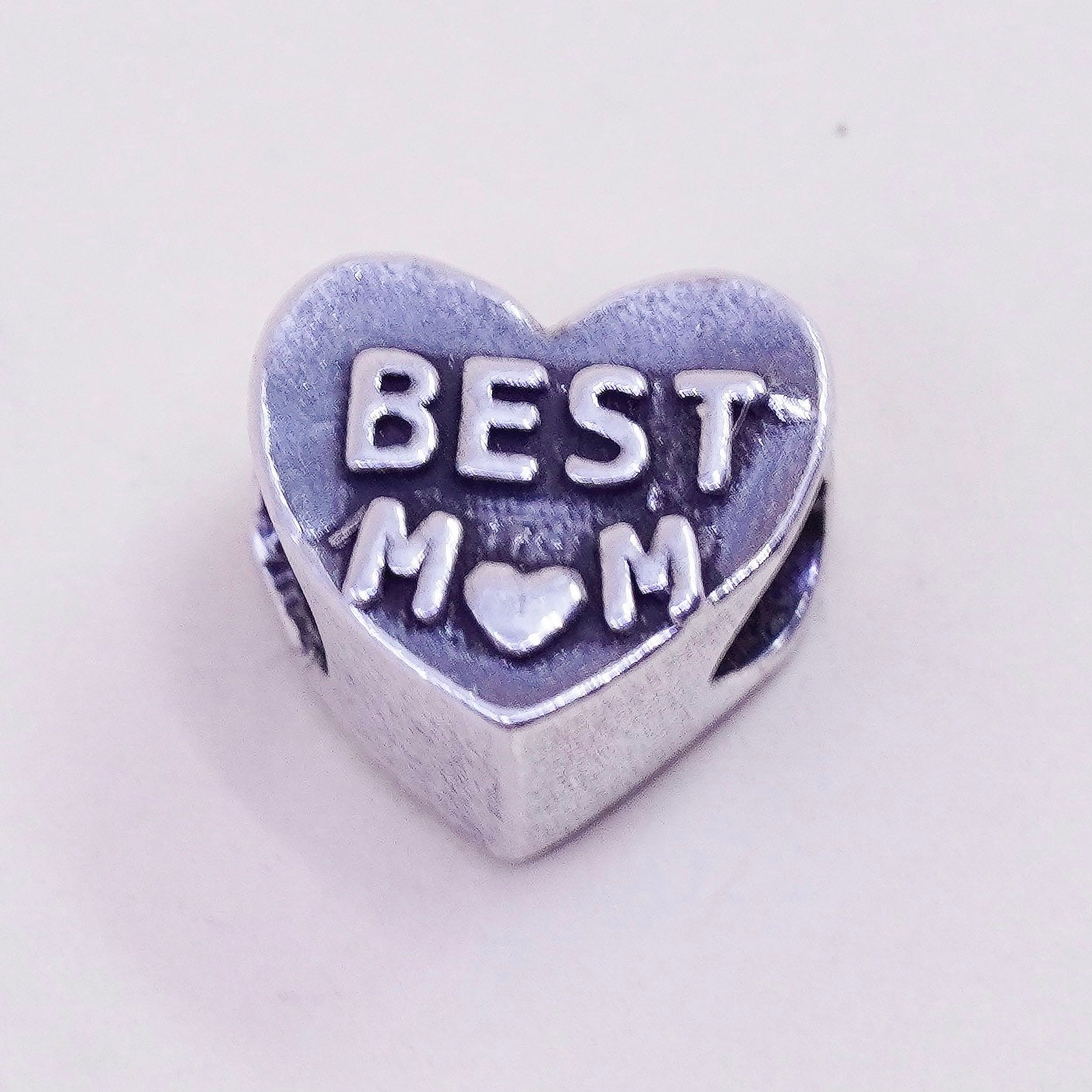 Vintage Sterling silver handmade bead charm 925 heart pendant embossed best mom