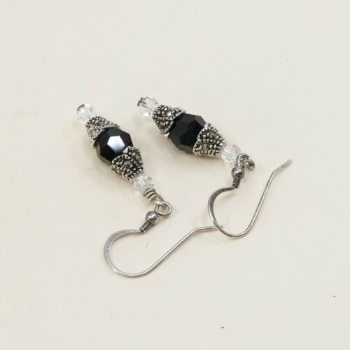 Vtg Sterling Silver Handmade Earrings, 925 Silver Dangles W Garnet Beads