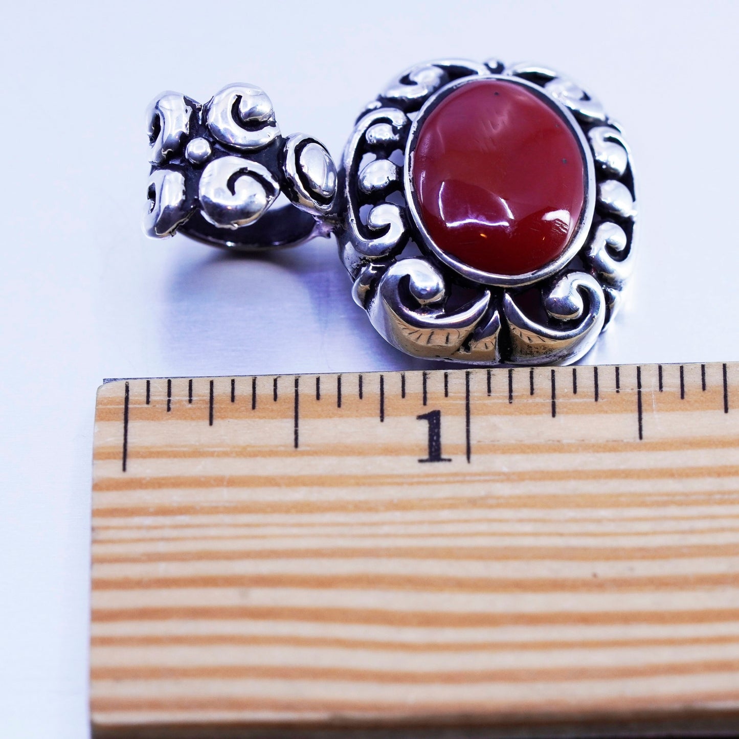 antique sterling 925 silver handmade Bali swirly pendant with red onyx