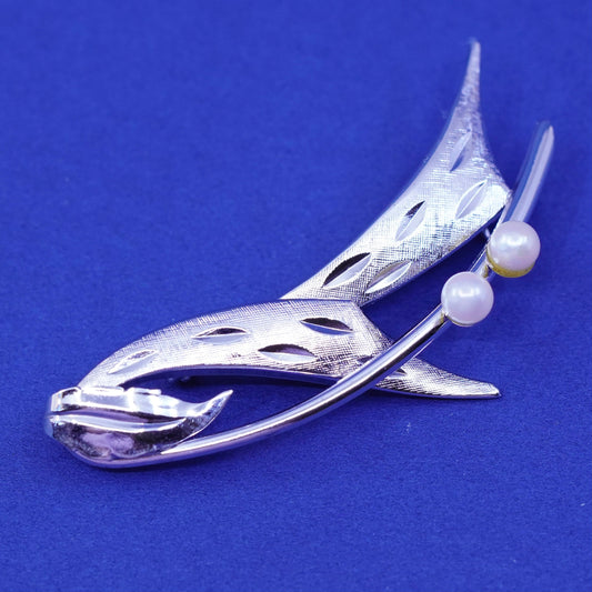 Vintage Sterling silver handmade brooch, 925 wave with pearl