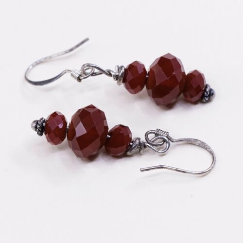 Vtg Sterling Silver Handmade Earrings, 925 Silver Hooks W Garnet Beads