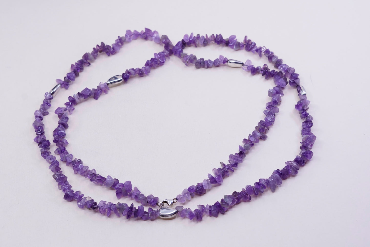 40”, Vintage sterling 925 silver handmade extra long necklace w/ amethyst beads