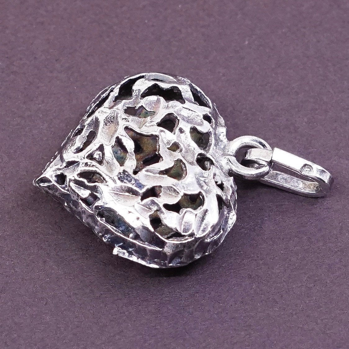 VTG Sterling silver handmade pendant, 925 silver filigree puffy heart pendant