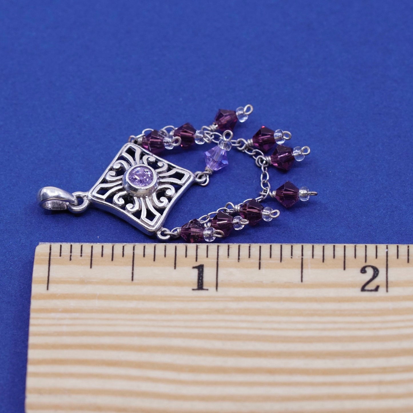 Vintage sterling silver handmade pendant, 925 filigree w/ amethyst N pink Cz