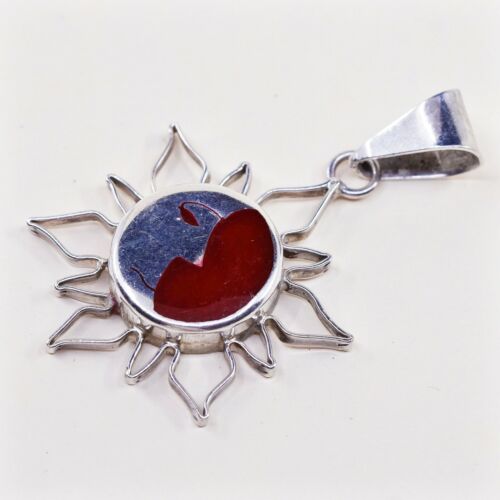 Vintage Sterling Silver Handmade Pendant, 925 W/ Jasper Flower Sun N Moon Face