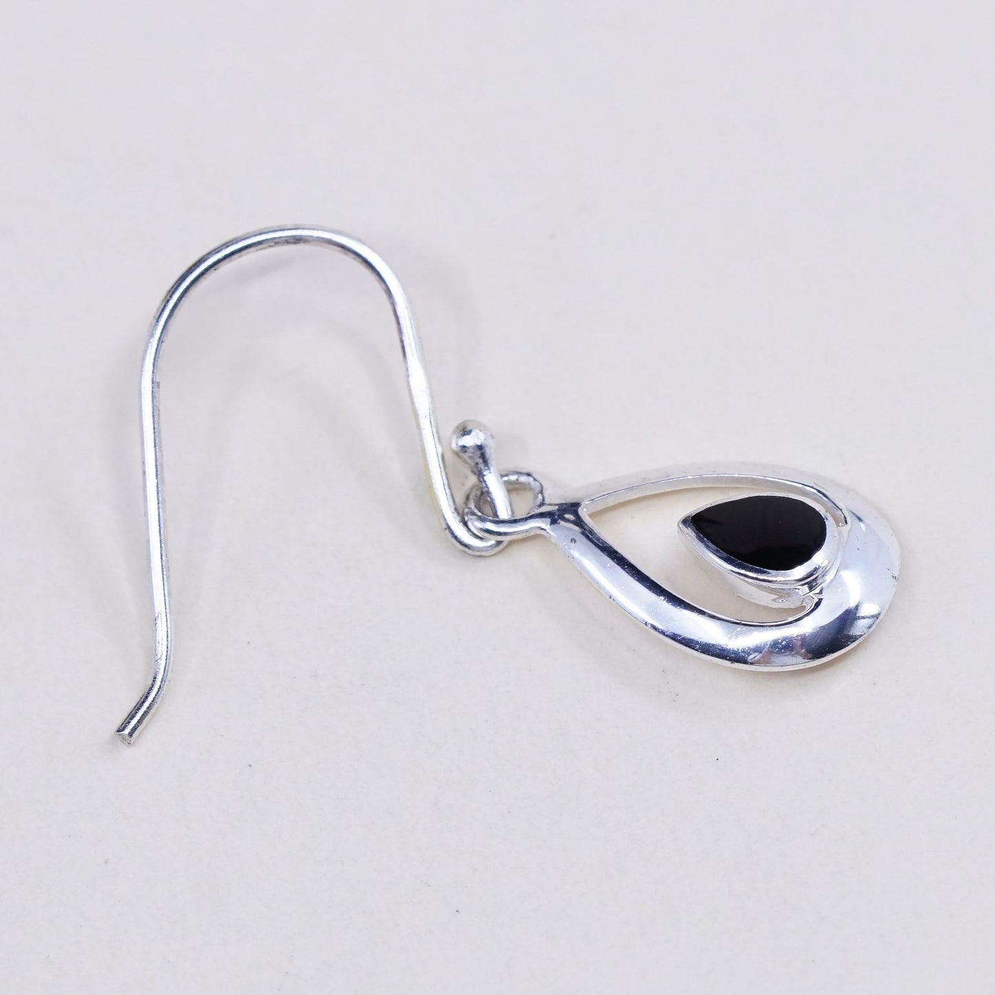 Vintage Sterling silver handmade earrings, 925 teardrop drops, obsidian