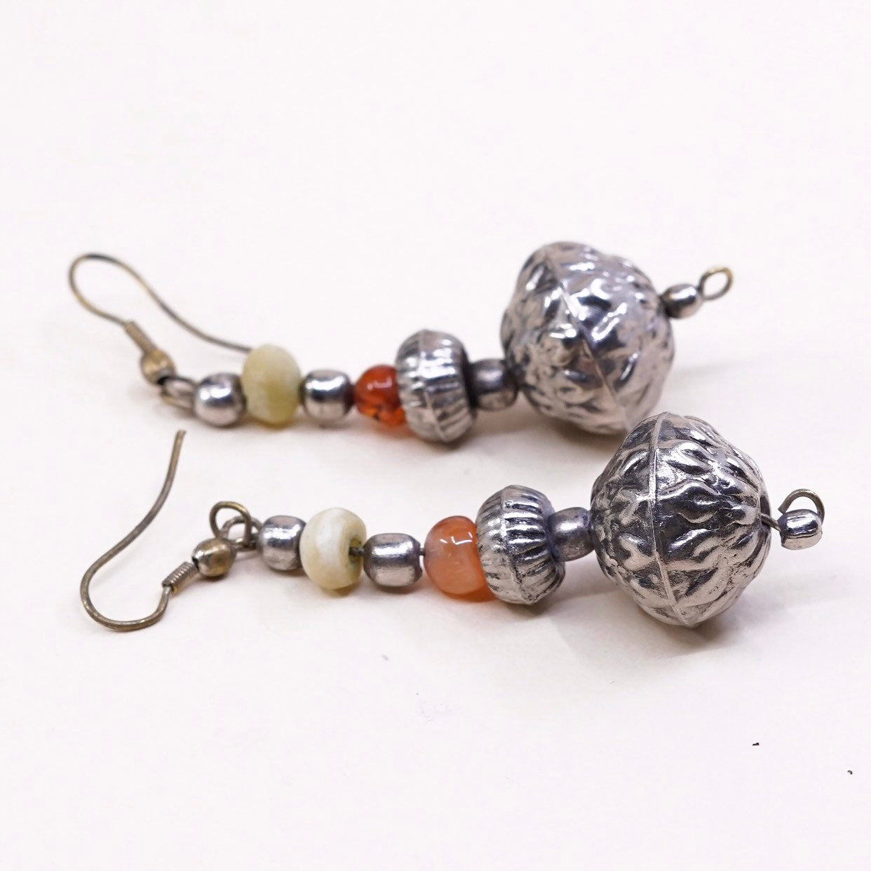 VTG handmade silver tone earrings, circle beads drops