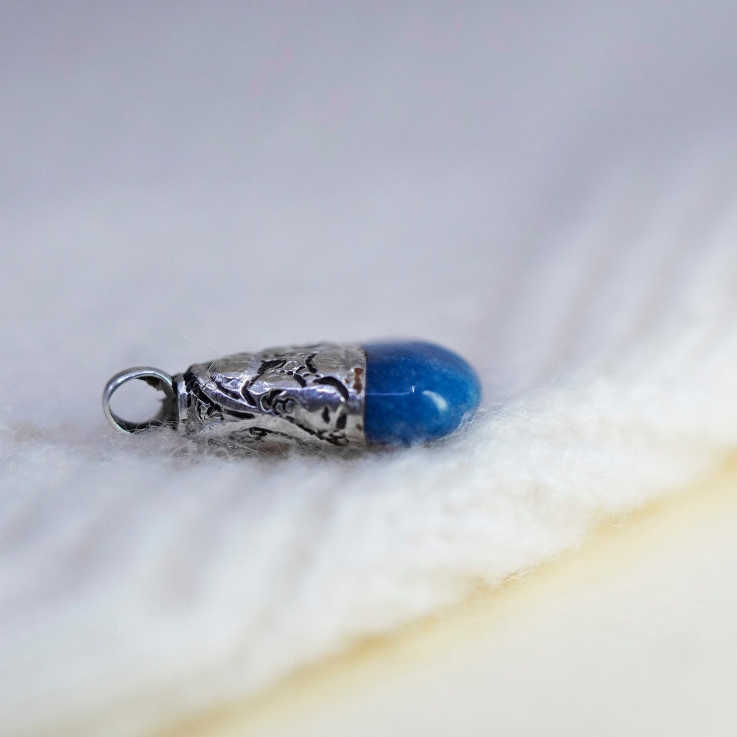 Vintage sterling silver handmade pendant, 925 teardrop with blue crystal