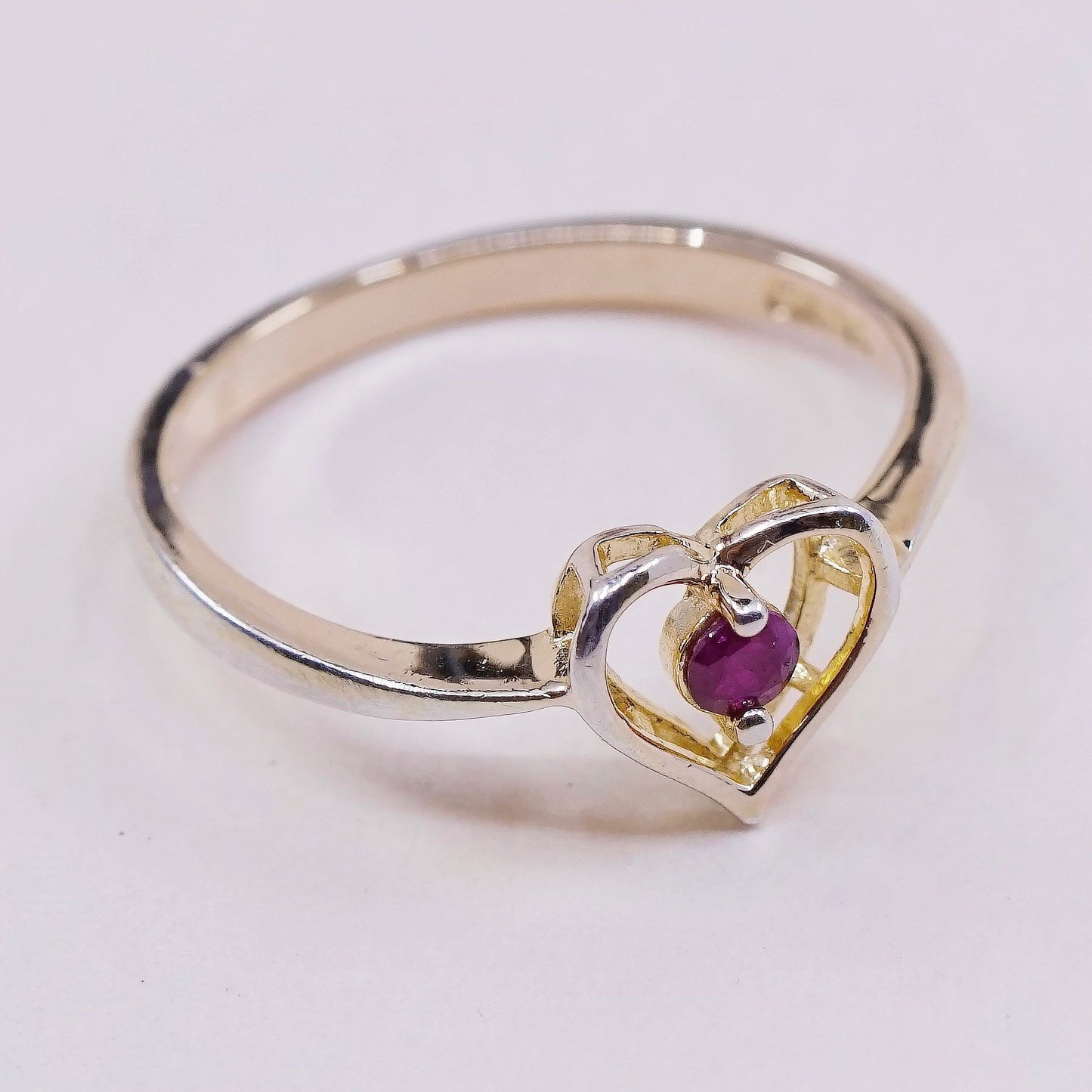 sz 8.25, VTG gold over sterling silver handmade ring, 925 heart with ruby