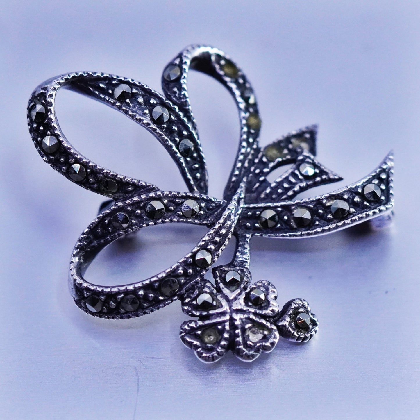 Vintage sterling silver handmade brooch, 925 ribbon bow pin with Marcasite