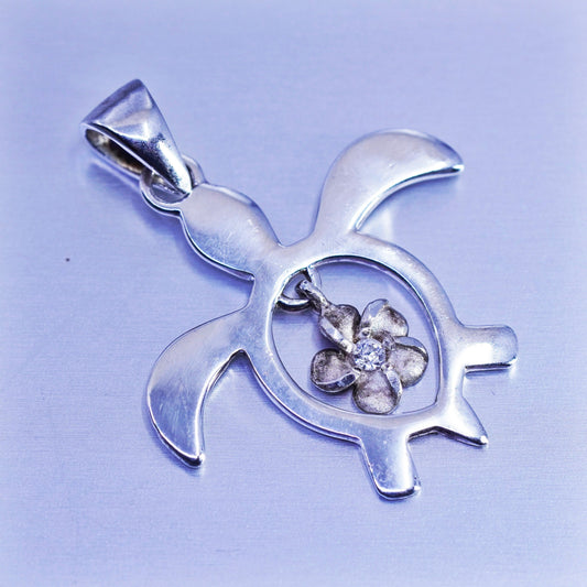 Antique Sterling 925 silver sea turtle charm pendant plumeria flower cz charm