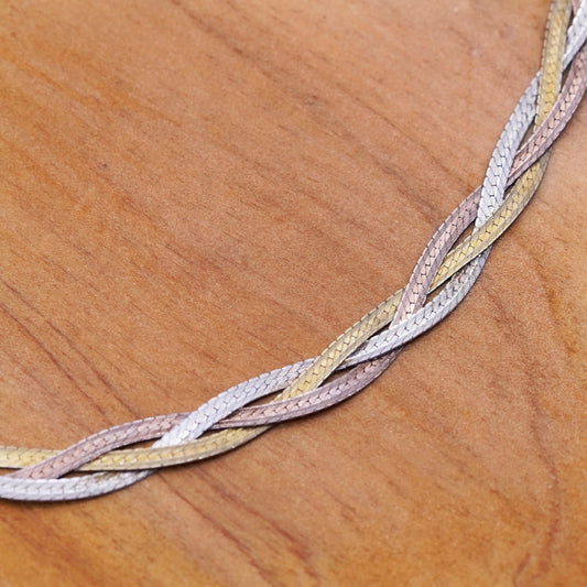 18”, triple tone Sterling silver necklace, 925 woven braided herringbone chain