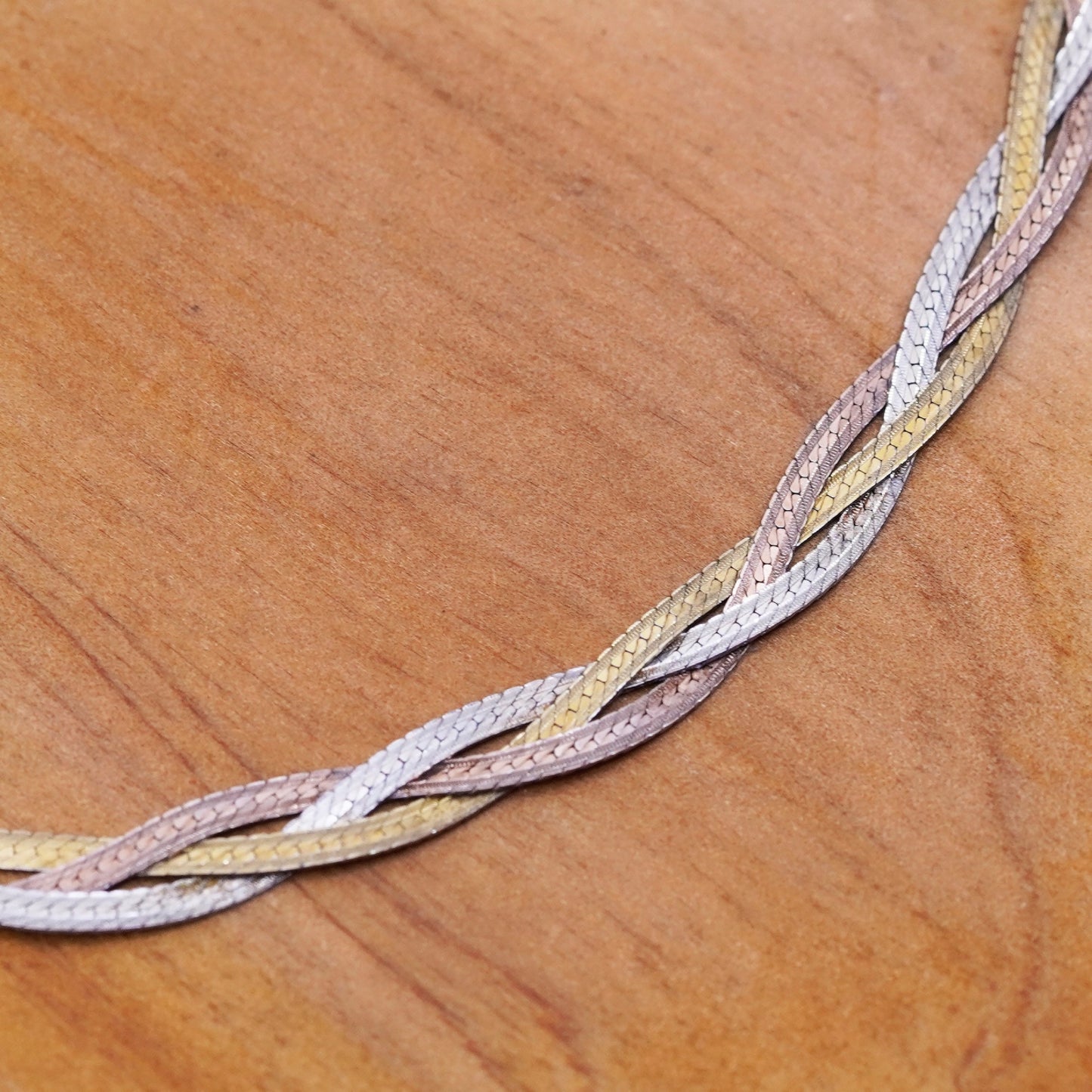 18”, triple tone Sterling silver necklace, 925 woven braided herringbone chain