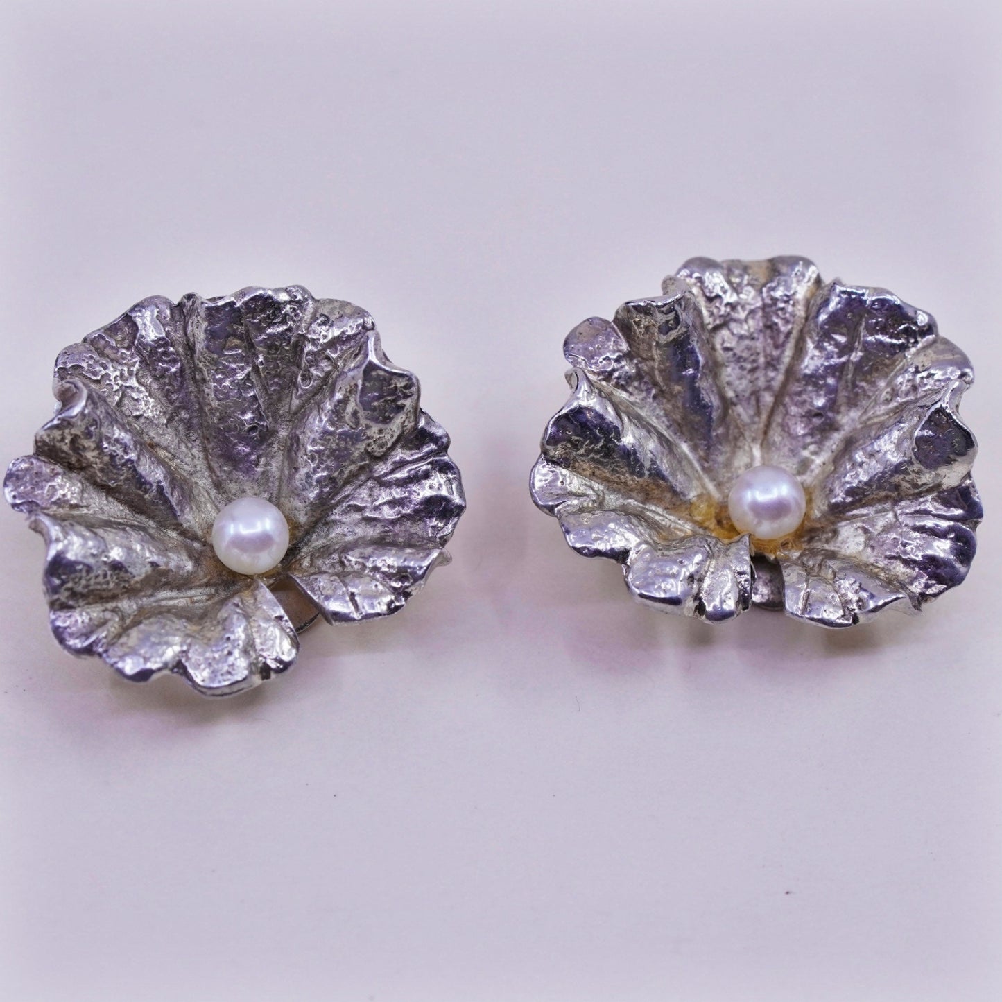 vintage napier sterling 925 silver handmade leaf earrings, clip on with pearl