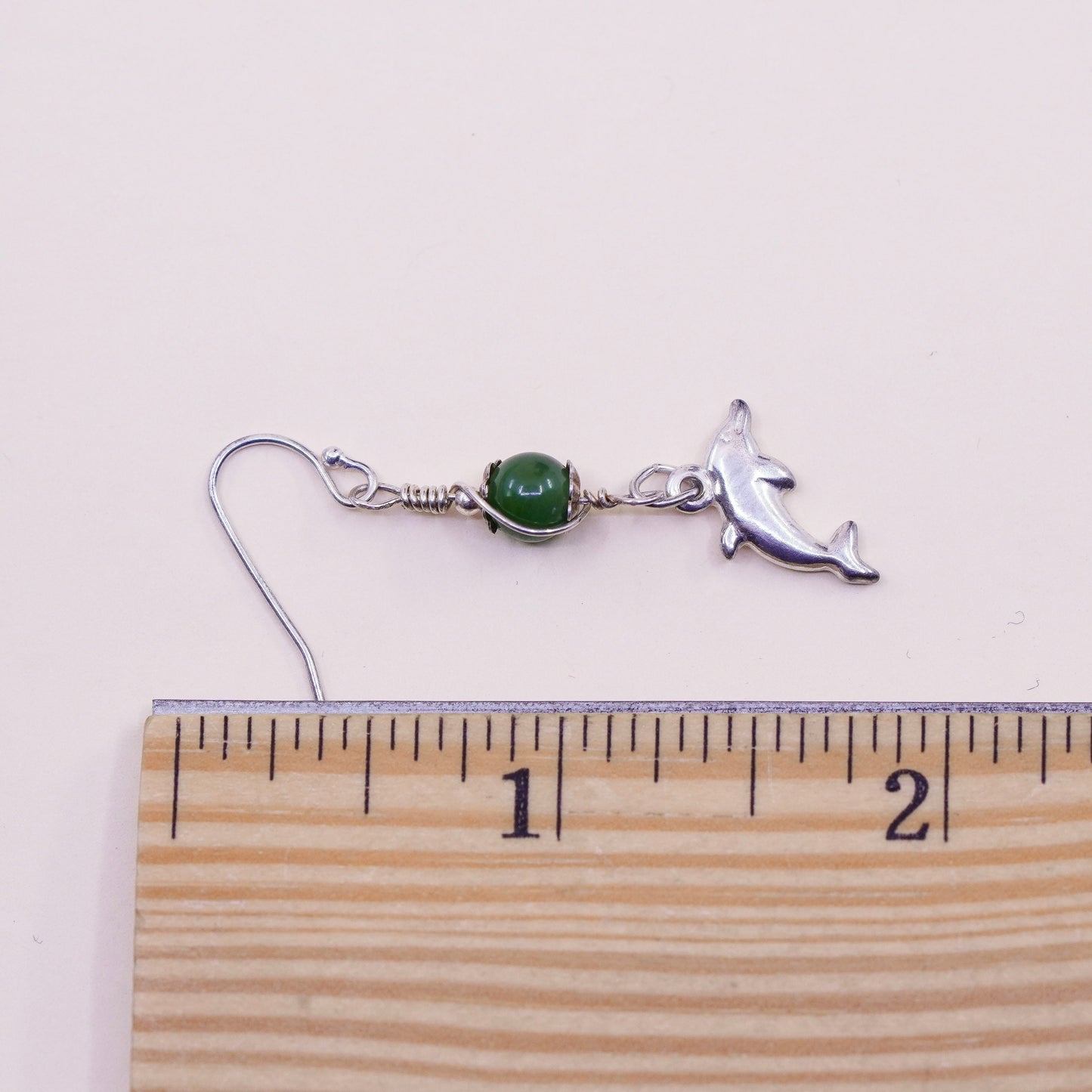 Vintage sterling 925 silver handmade dolphin drop earrings with jade bead