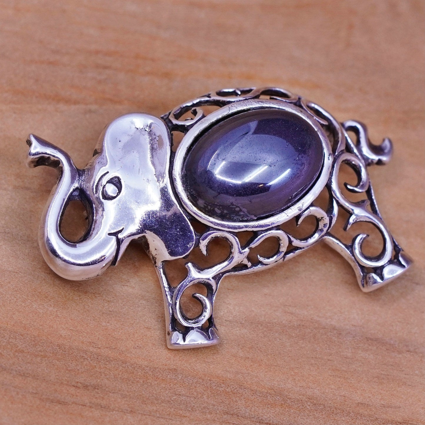 Vintage FA handmade sterling 925 silver filigree elephant brooch with hematite