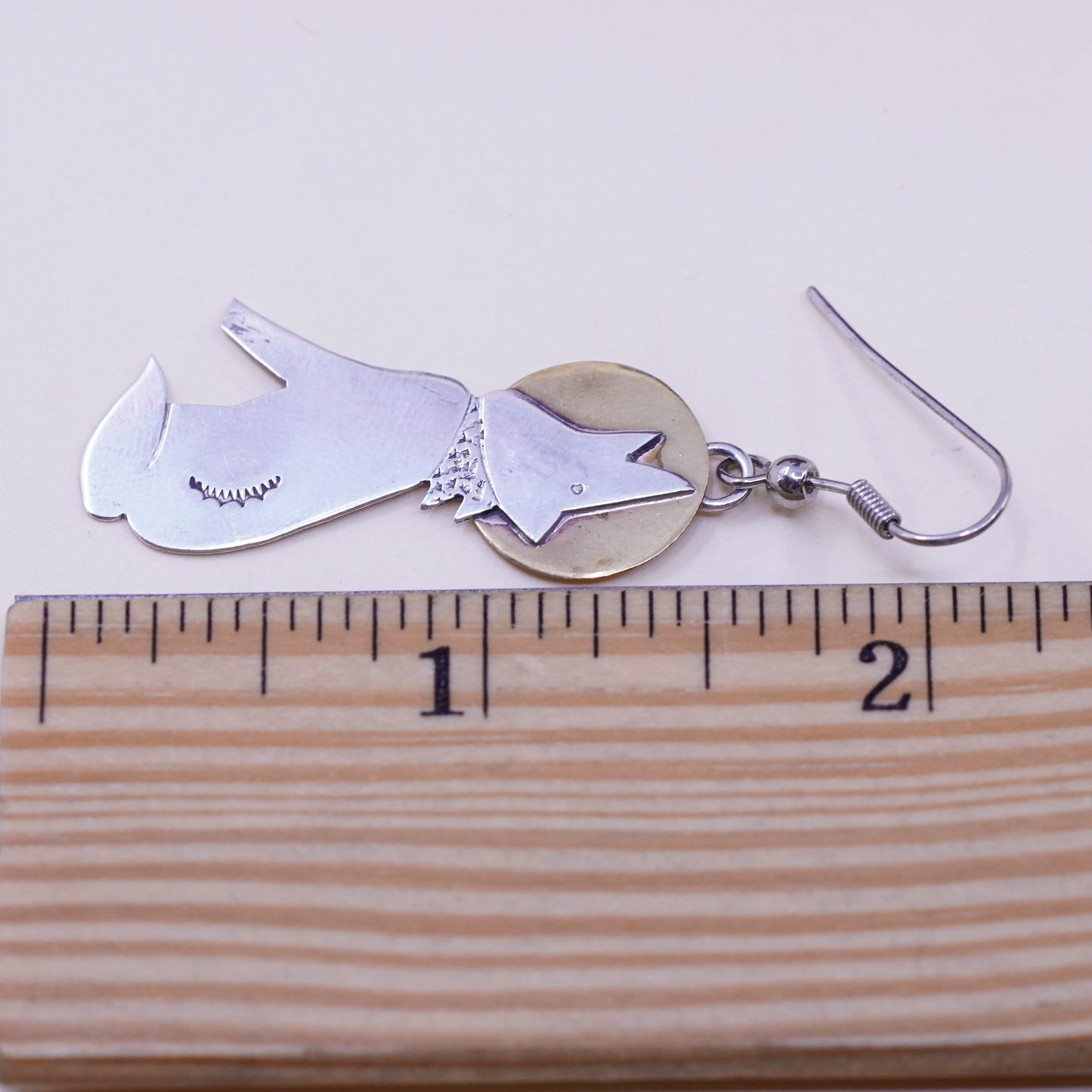 Two Tone sterling silver handmade earrings 925 werewolf wolf disc brass dangles