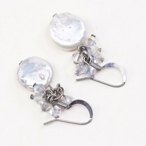 Vtg STERLING SILVER earrings with pearl dangles N Cluster Crystal, stamped 925