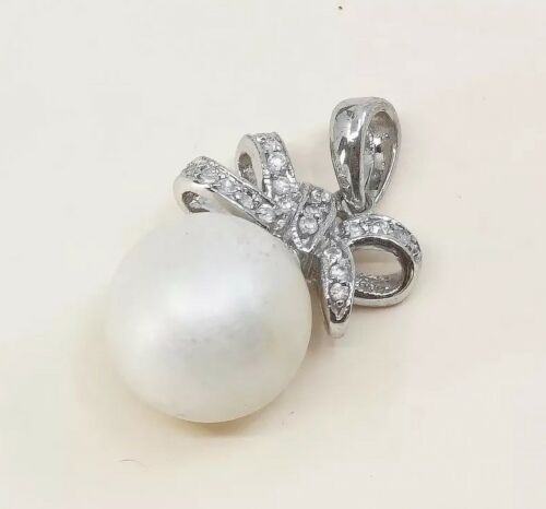 Vtg sterling silver handmade pendant, solid 925 Ribbon With Faux Pearl N Crystal