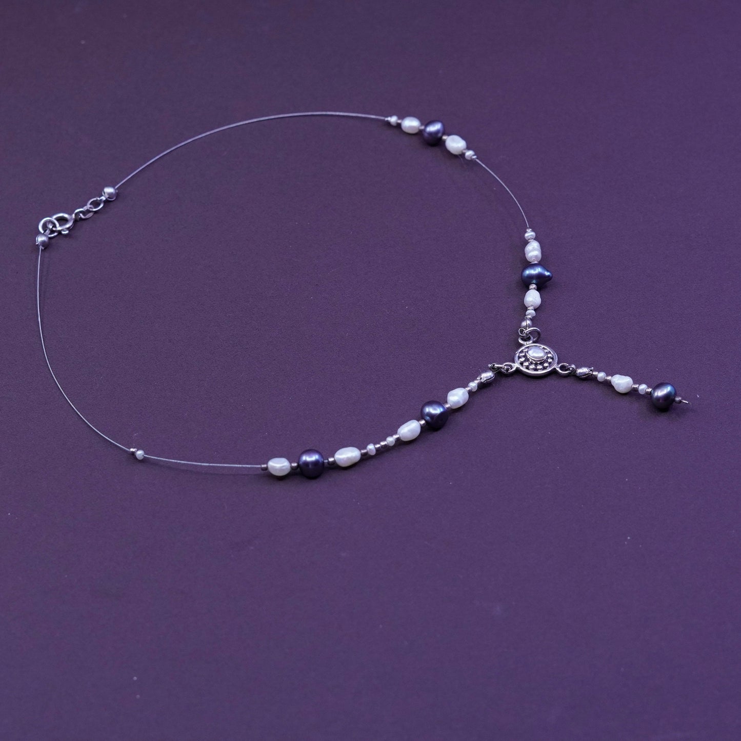 16”, vtg Sterling 925 silver handmade necklace w/ freshwater black white pearl