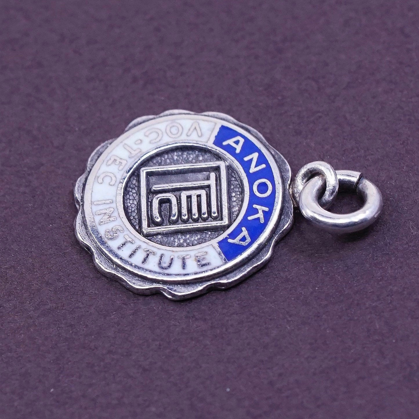 vtg Sterling silver handmade charm, 925 enamel tag, anoka voc-tec institute