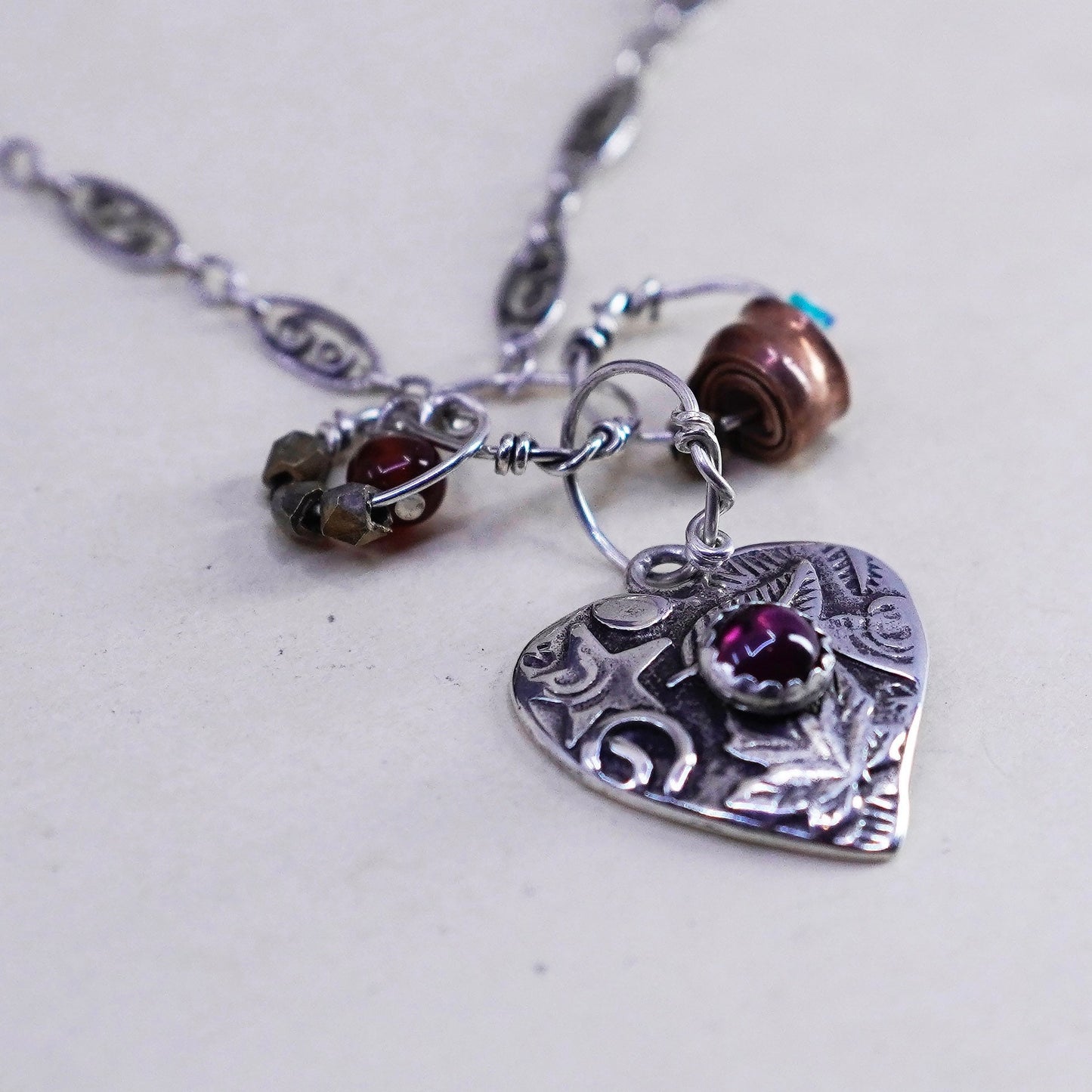 16”, sterling silver handmade necklace, 925 filigree chain garnet heart pendant