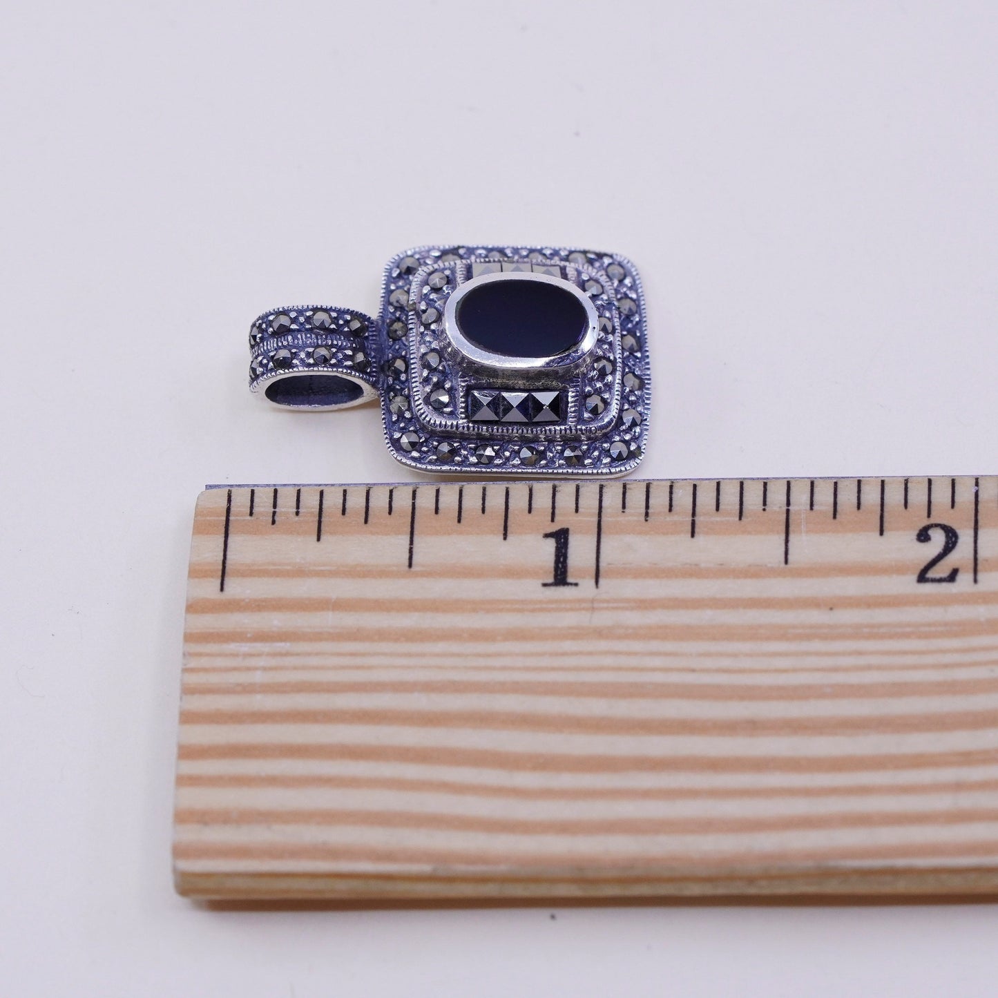 Vintage sterling 925 silver handmade pendant, obsidian with marcasite pendant