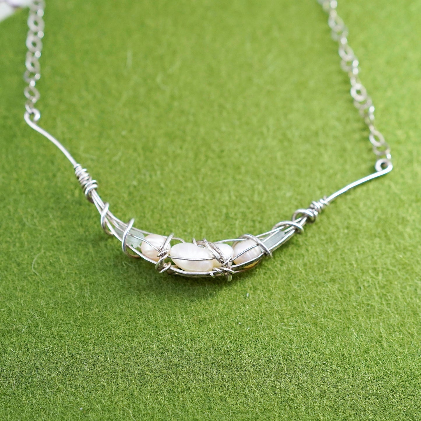 16”, sterling silver handmade necklace, flatten circle chain with pearl pendant