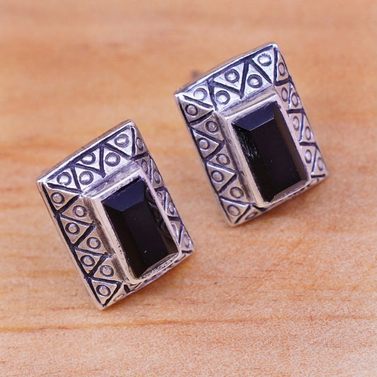 Vintage Sterling 925 silver handmade earrings studs with oval obsidian
