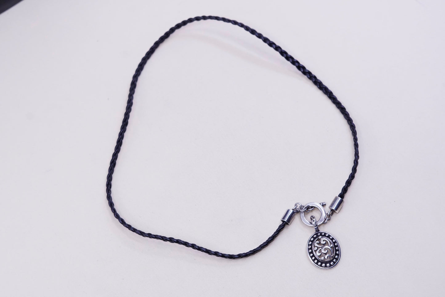 16”, sterling silver necklace, 925 pendant w/ black woven leather chain