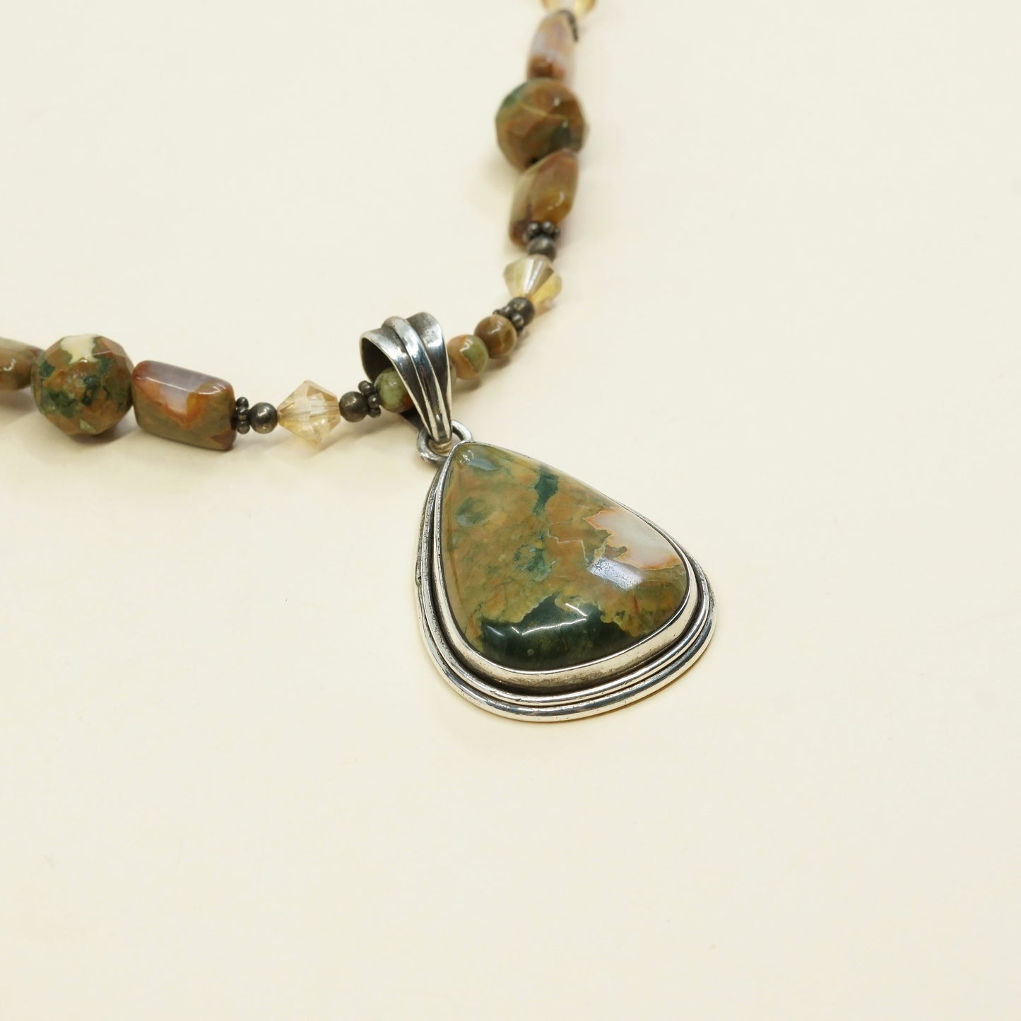 22”, sterling 925 silver handmade necklace unakite N agate beads teardrop agate