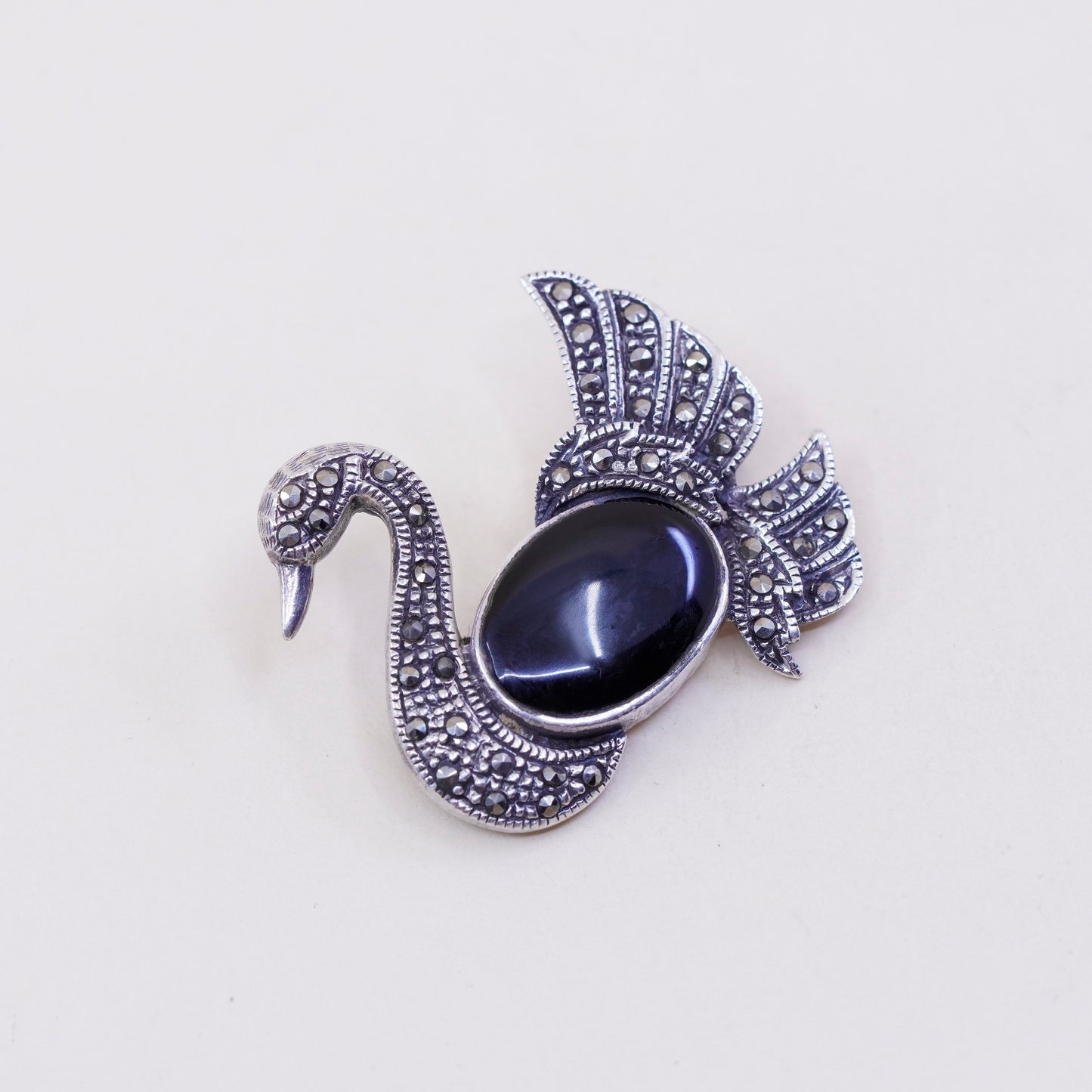 Sterling silver handmade brooch, 925 pin with obsidian swan bird and marcasite