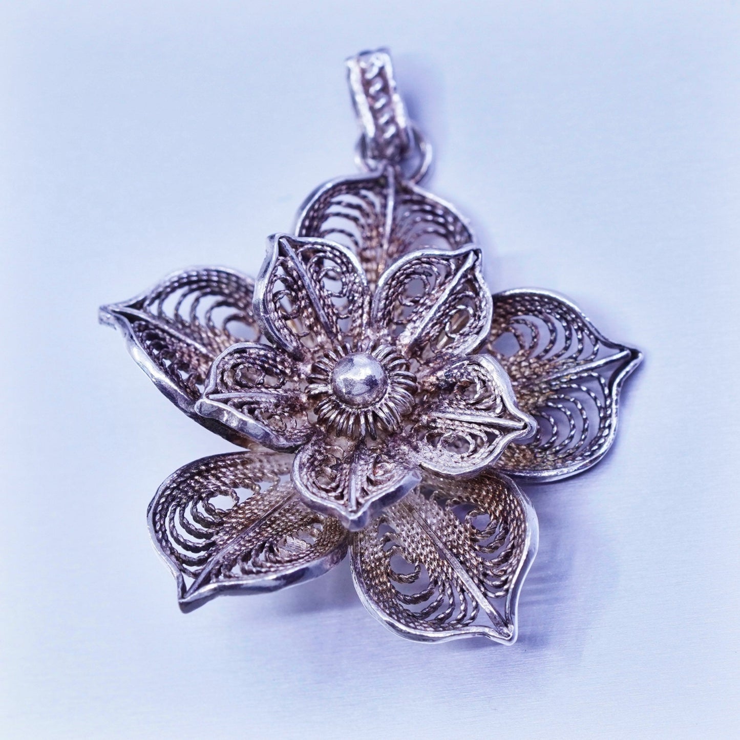 Antique BJ Sterling silver charm, 925 filigree flower pendant with beads