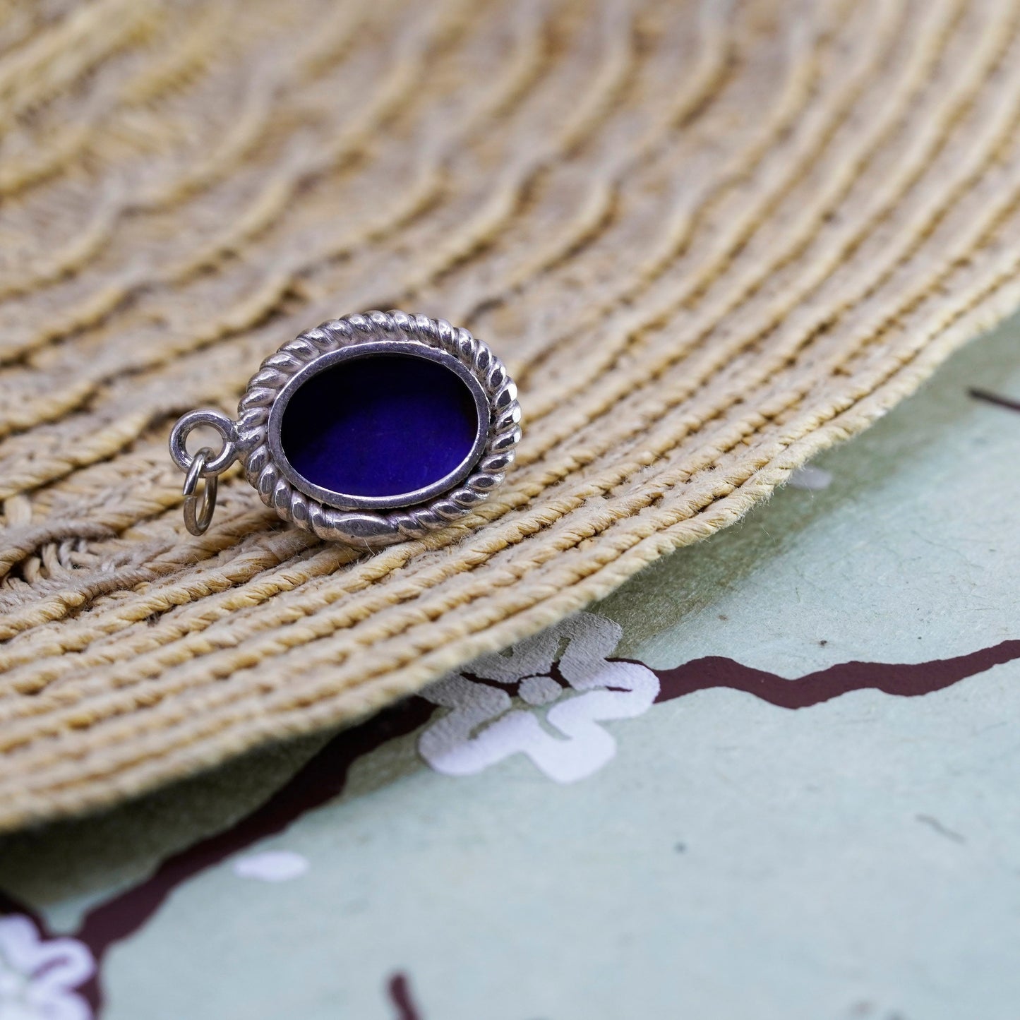 Vintage Sterling 925 silver handmade charm pendant with lapis lazuli and cable