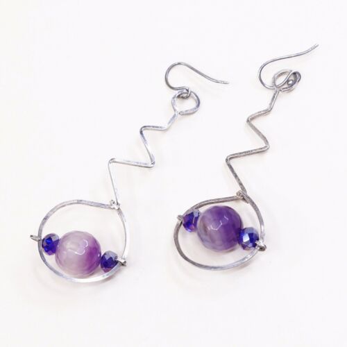 Vtg STERLING 925 SILVER Modern Handmade earrings with Fluorite dangles