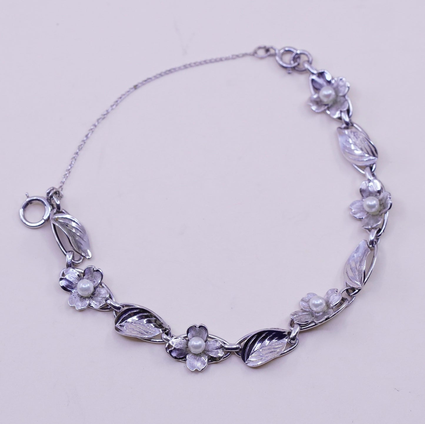 7”, sterling silver bracelet, 925 flower leaves chain pearl, handmade jewelry