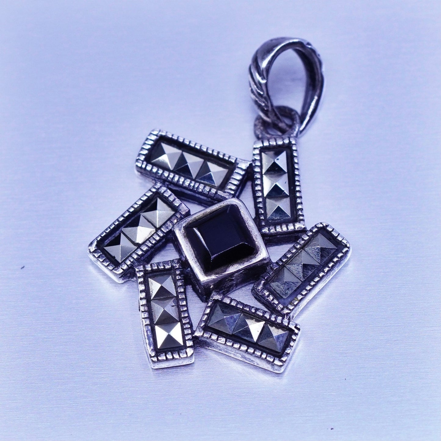 Antique Sterling silver handmade charm, 925 pendant with Marcasite and onyx